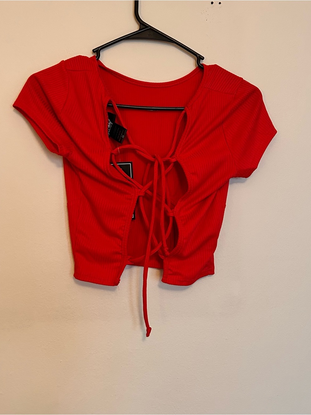 Cherry Red Ribbed Knit Cropped Tie Back Top